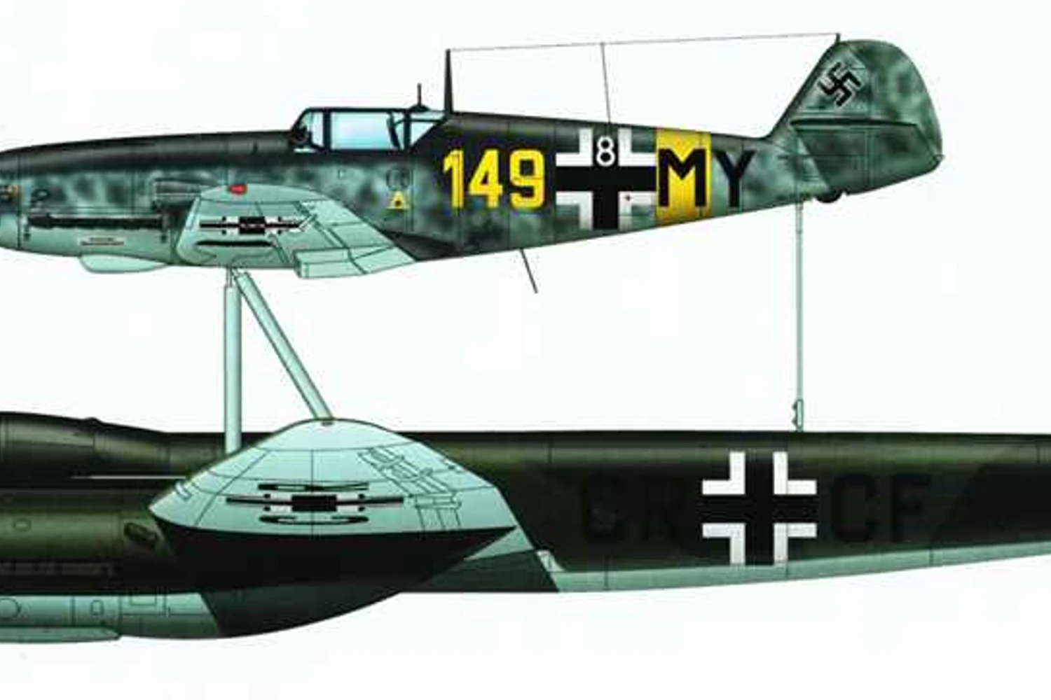 O Mistel controlado pelo caça Bf.109 foi a combinação mais comum utilizada pela Alemanha (Ilustração - Hasegawa)