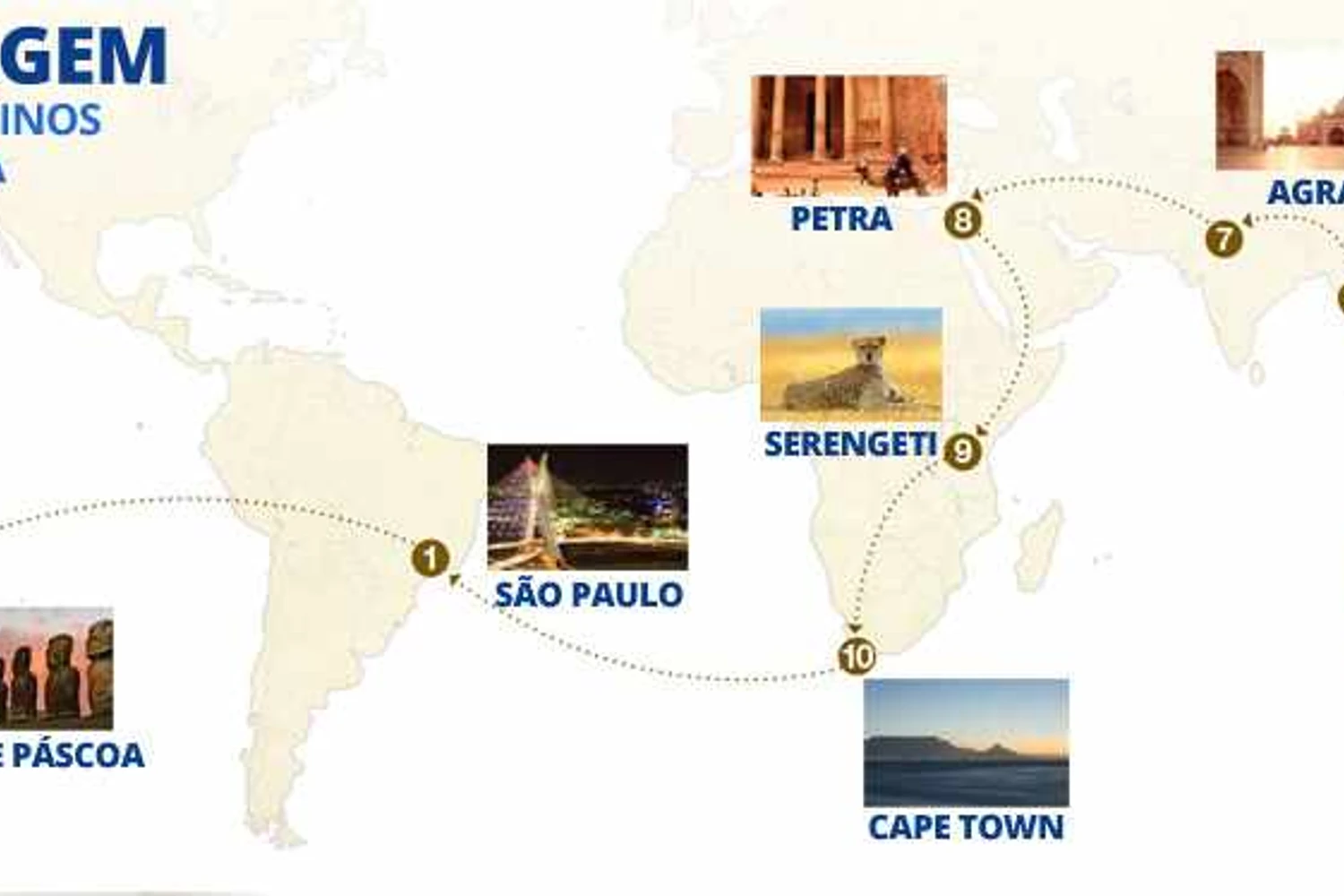O roteiro da viagem passa por noves destinos especiais