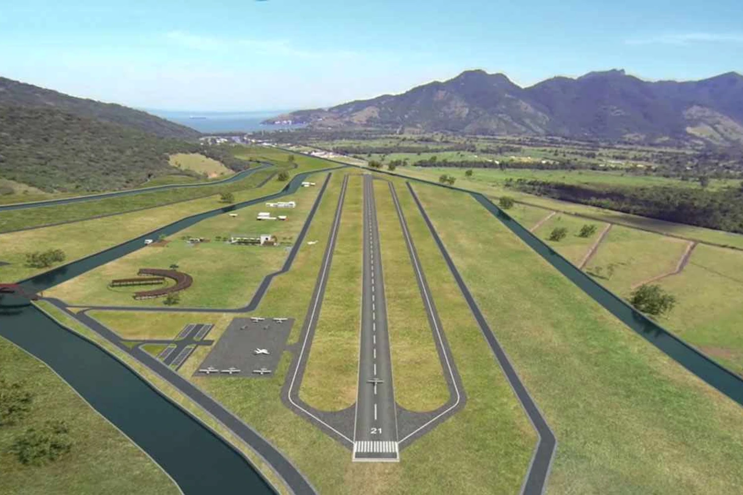 Concepção artística da pista completa, com duas taxiways correndo entre os lotes (Divulgação)