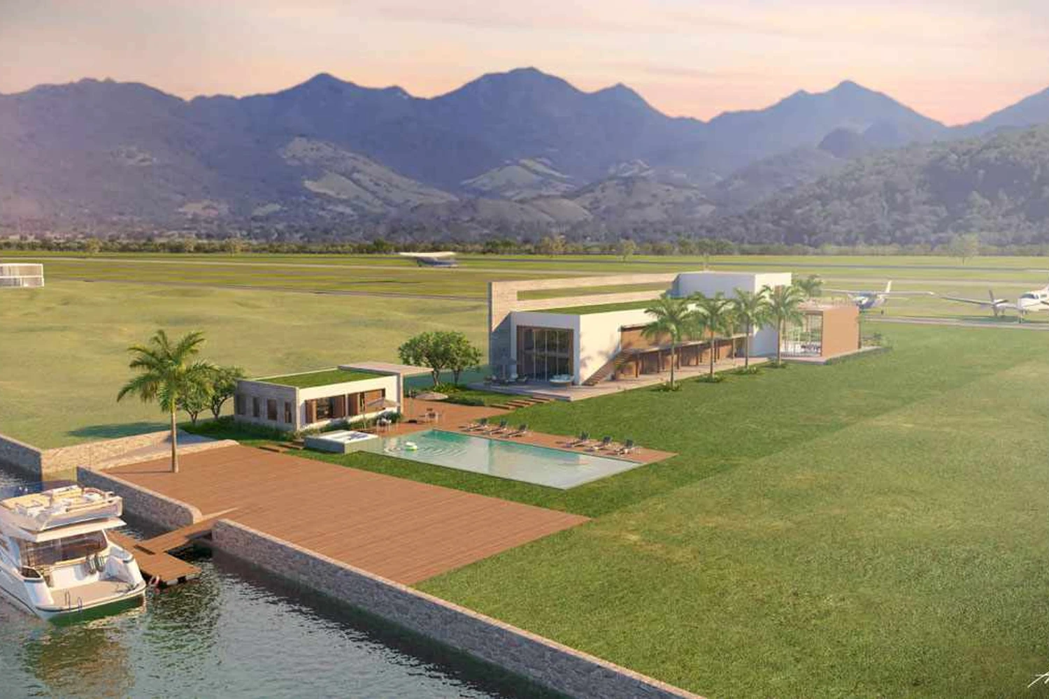 De um lado da casa fica o píer e do outro, a taxiway para quem chega de avião (Divulgação)