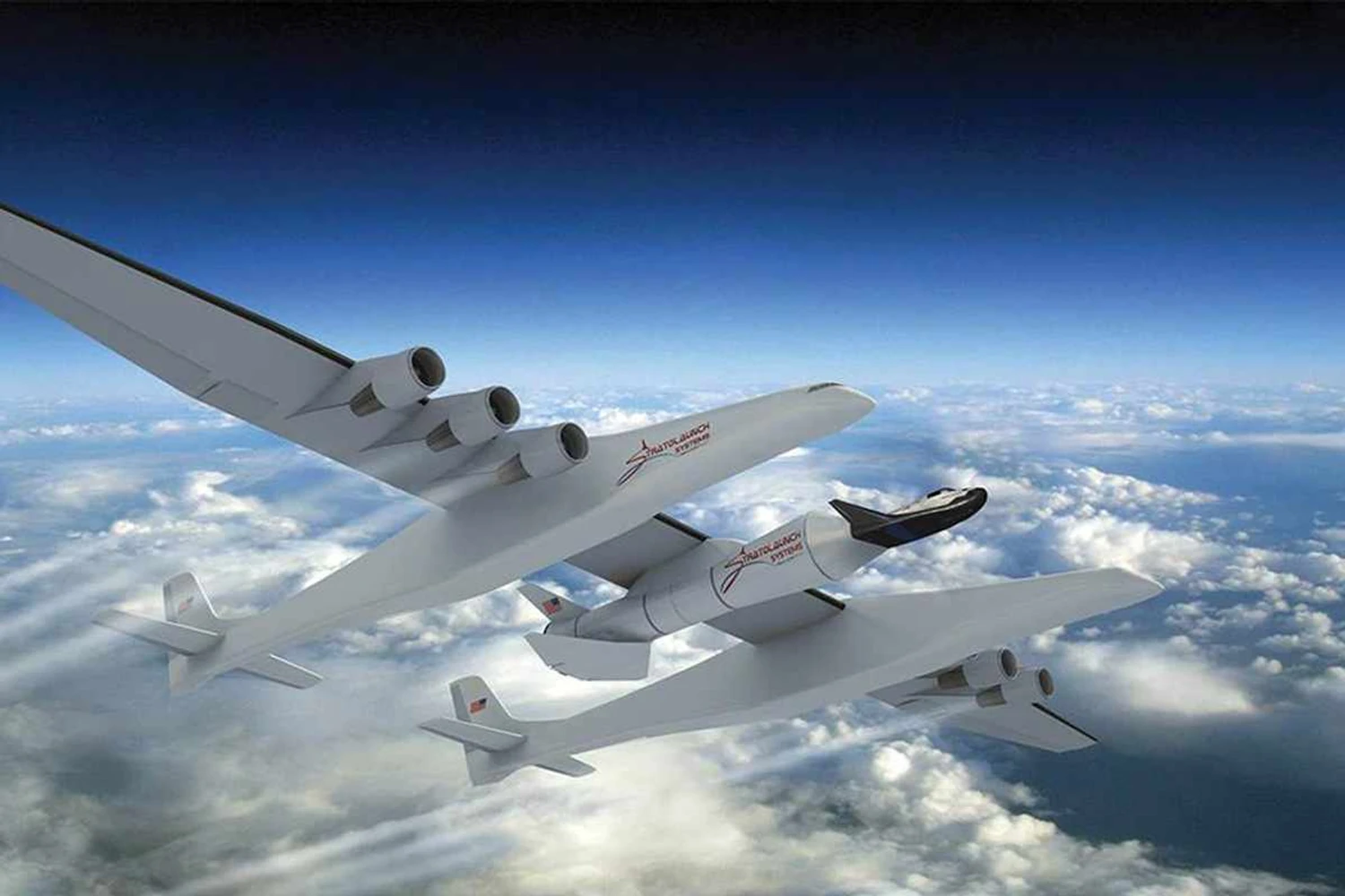 Projeção mostra o Stratolaunch em uma missão de lançamento de uma pequena espaçonave tripulada