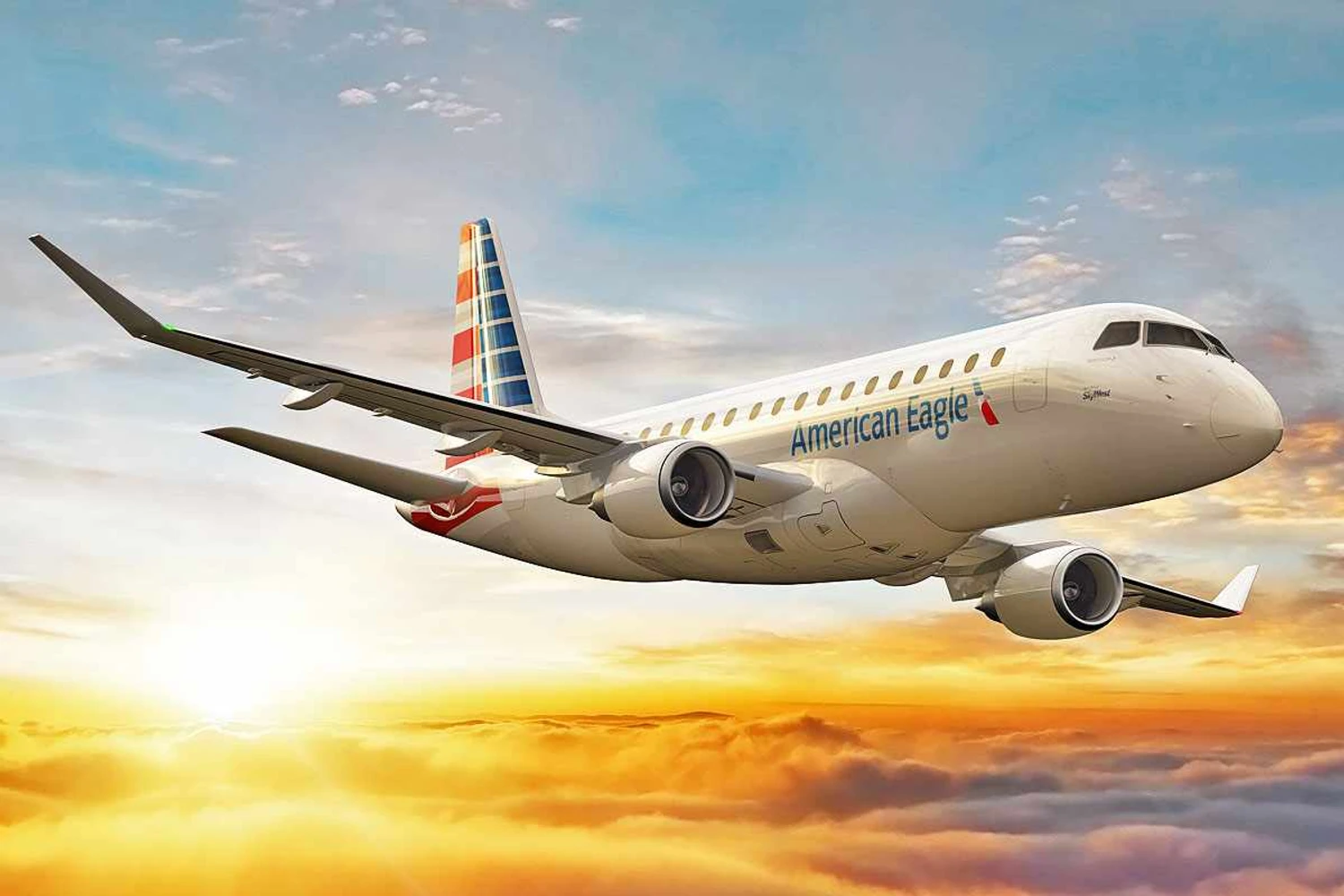 E175 from SkyWest in the American Eagle livery: right-sized jet (Embraer)