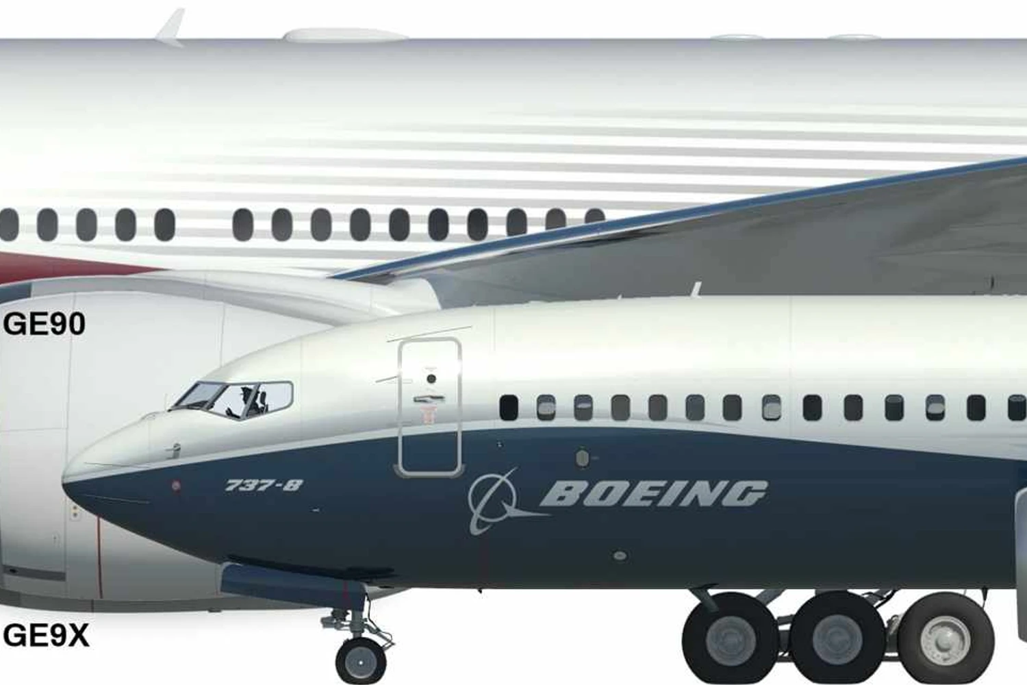 Comparação do tamanho no novo motor GE9X com o GE90 da geração passada e a fuselagem de um 737