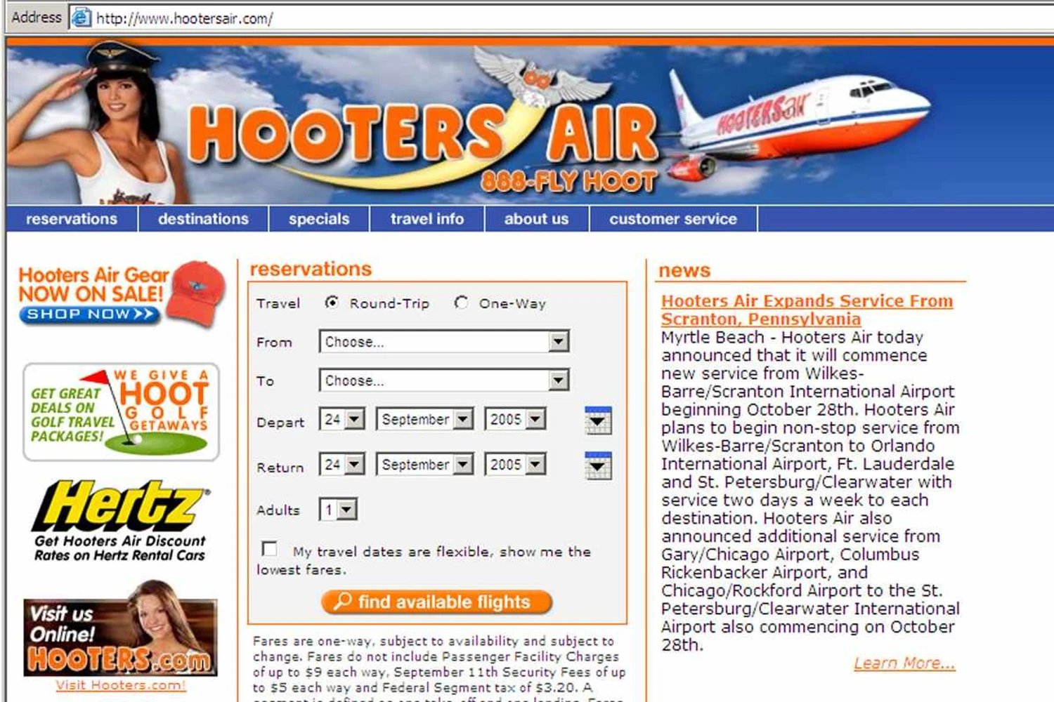 Página do site da Hooters Air
