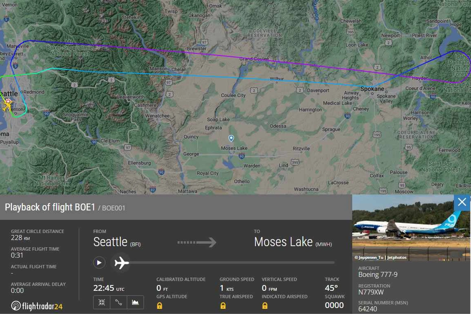 O voo de retorno do 777-9 realizado em 17 de dezembro (FlightRadar24)