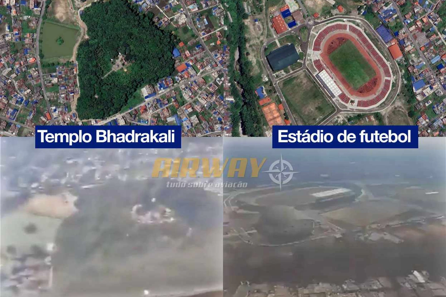 Acima, as imagens de satélite do templo Bhadrakali e do estádio de futebol comparadas ao vídeo do passageiro (Google/Reprodução)