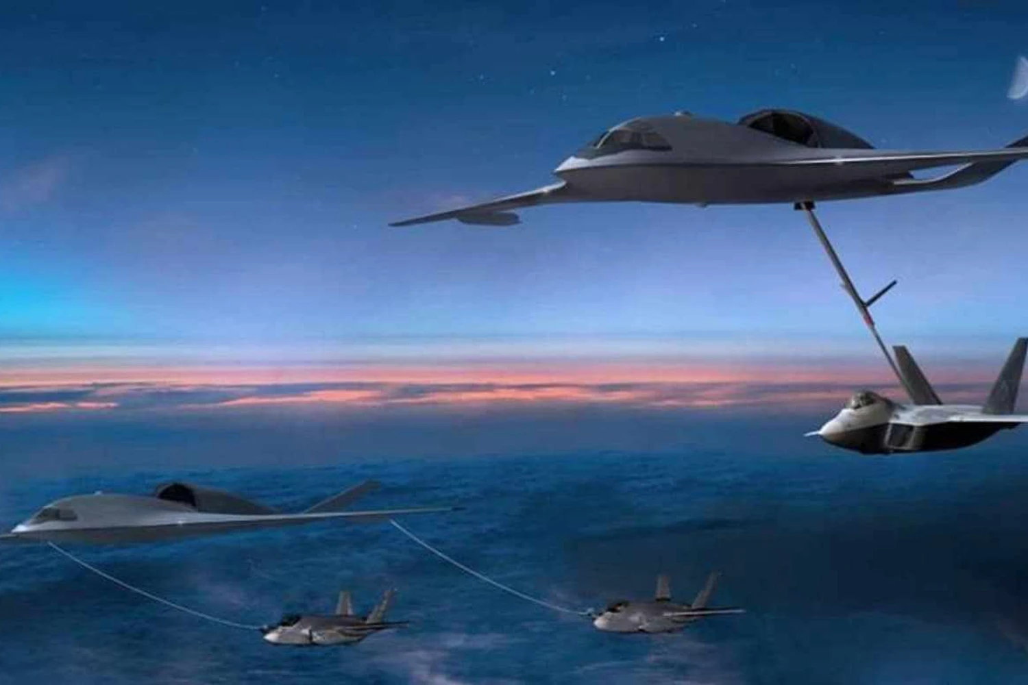 Representação gráfica de como seria um avião-tanque furtivo reabastecendo caças F-22 e F-35 (Lockheed Martin)