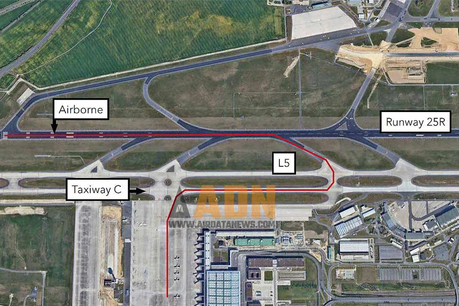 No diagrama, a interseção K5 na extremidade direita e a L5, no meio da pista (DSB)