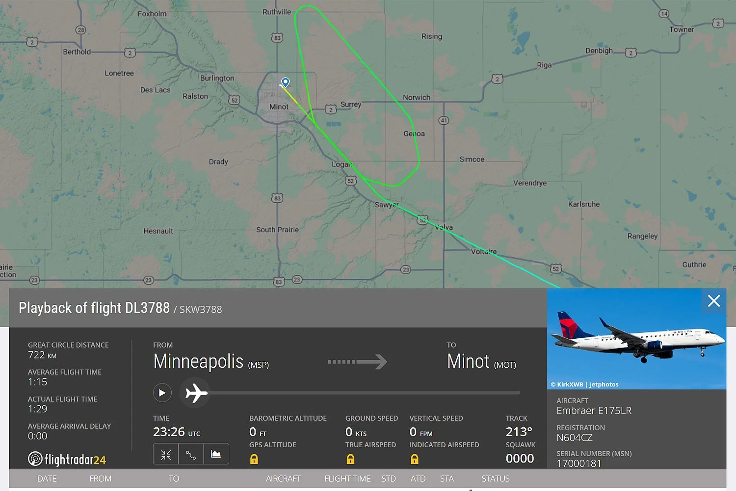 Dados do voo DL3788 mostram o E175 fazendo uma curva à direita após avistar o B-52 (FlightRadar24)