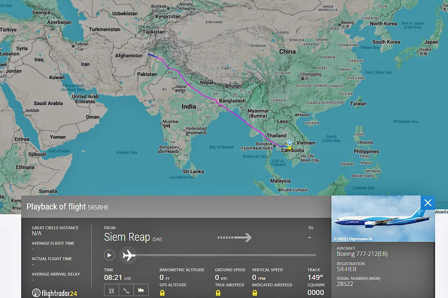 Um dos cinco Boeing 777-200ER que voou para o Irã a partir do Camboja (FlightRadar24)