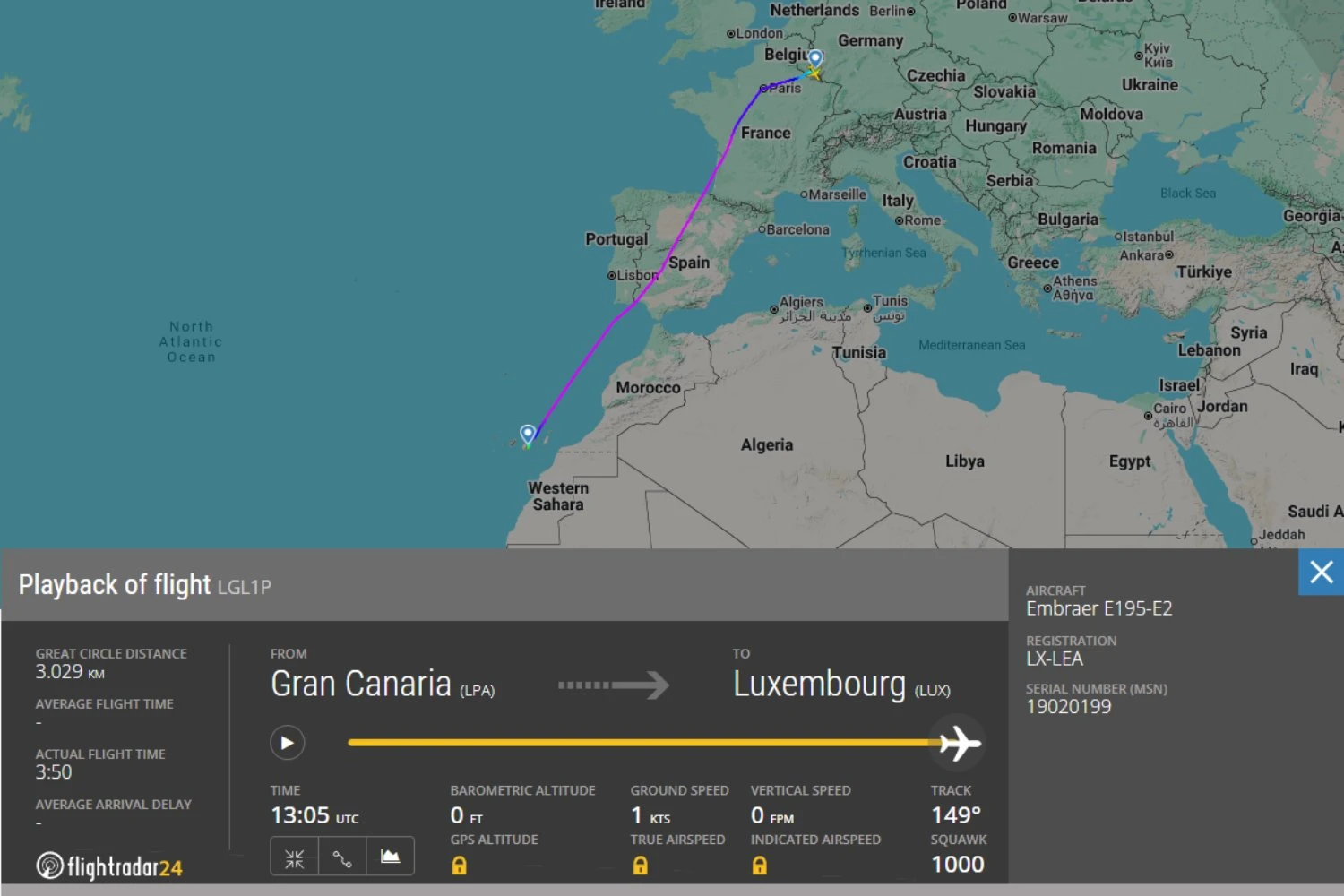 Última perna do voo de traslado do E195-E2 da Luxair (FlightRadar24)